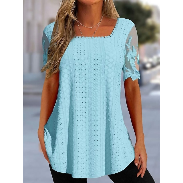  Women's Shirt Blouse White Pink Blue Lace Plain Casual Short Sleeve Square Neck Basic Regular S