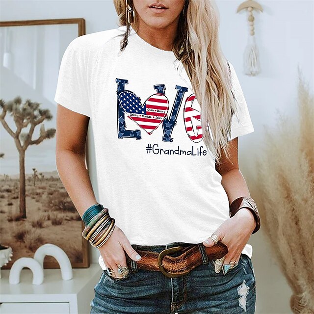  Women's T shirt Tee White Pink Red Print Letter American Flag Weekend Independence Day Short Sleeve Round Neck Basic Regular Painting S