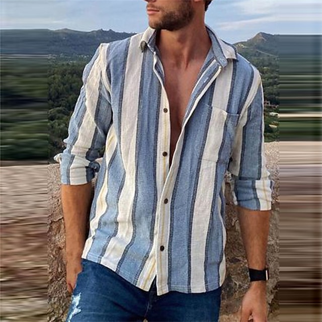  Bărbați Dungi Model Geometric Cămașă Camașă cu nasturi Manșon Lung Modă Șic Stradă Designer În aer liber Casual Zilnic Vară Primăvară Toamnă Răsfrânt Imprimeu Alb Verde Deschis Albastru piscin