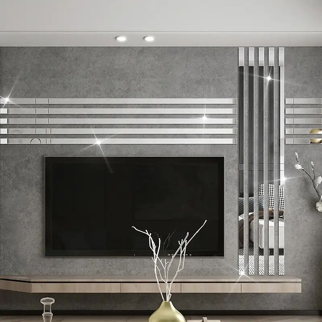  Cool wallpapers muurschildering 1pc behangrand zilver gestreepte spiegelstickers - zelfklevende muurstickers voor slaapkamerdecoratie (5x20cm/2''x8'')