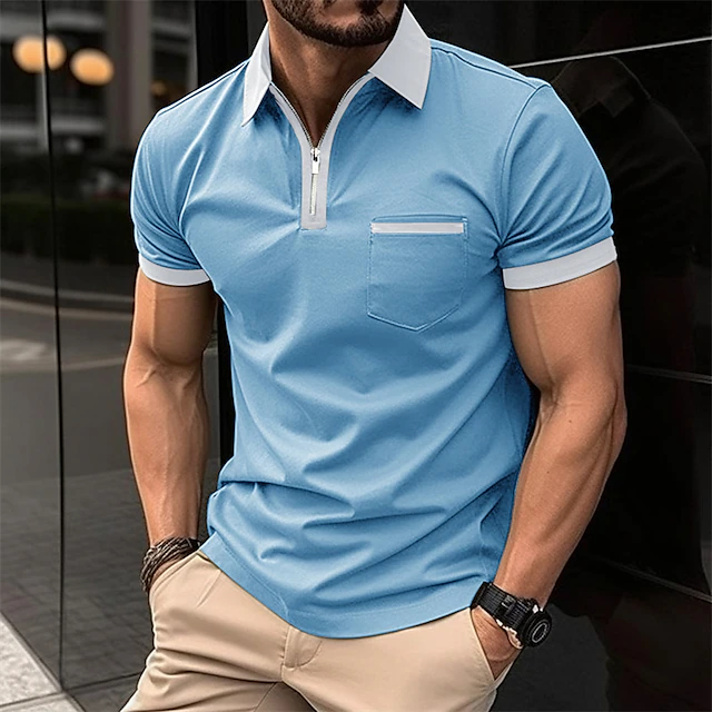 Men's Polo Shirt Golf Shirt Casual Holiday Lapel Quarter Zip Short Sleeve Fashion Basic Plain Quarter Zip Summer Regular Fit Black White Red Dark Navy Blue Green Polo Shirt 10