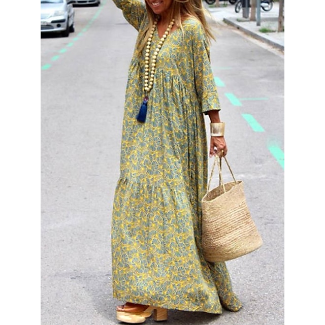  Women's Casual Dress Print Dress Spring Dress Long Dress Maxi Dress Fashion Casual Print Ruched Print Daily Holiday Vacation V Neck 3/4 Length Sleeve Dress Loose Fit Yellow Summer Spring S M L XL XXL