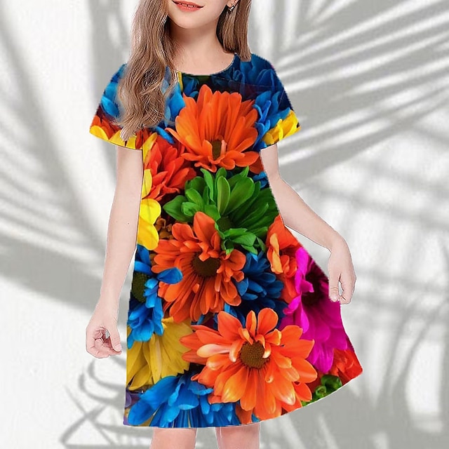  Girls' Sweet Floral 3D Graphic Tee Dress Polyester