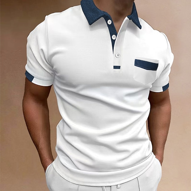  Men's Button Up Polos Polo Shirt Lapel Classic Casual Holiday Fashion Basic Short Sleeve Button Color Block Regular Fit Summer Navy Black White Blue Beige Gray Button Up Polos
