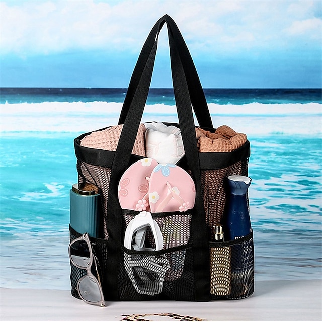 Hombre Mujer Bolso Tote Bolsa de playa Poliéster Festivos Playa Viaje Gran Capacidad Transpirable Plegable Color sólido Negro
