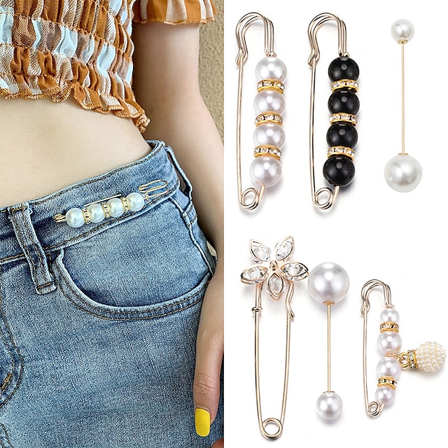  8PCS/Set Waistband Pin Accessories Good Quality Pearls Crystal Gold Brooch Waist Tighting Clap Anti Exposed Safty Pins