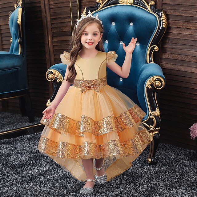 kinderkleidung Mädchen Kleid Party Kleid Feste Farbe Pailletten Kurzarm