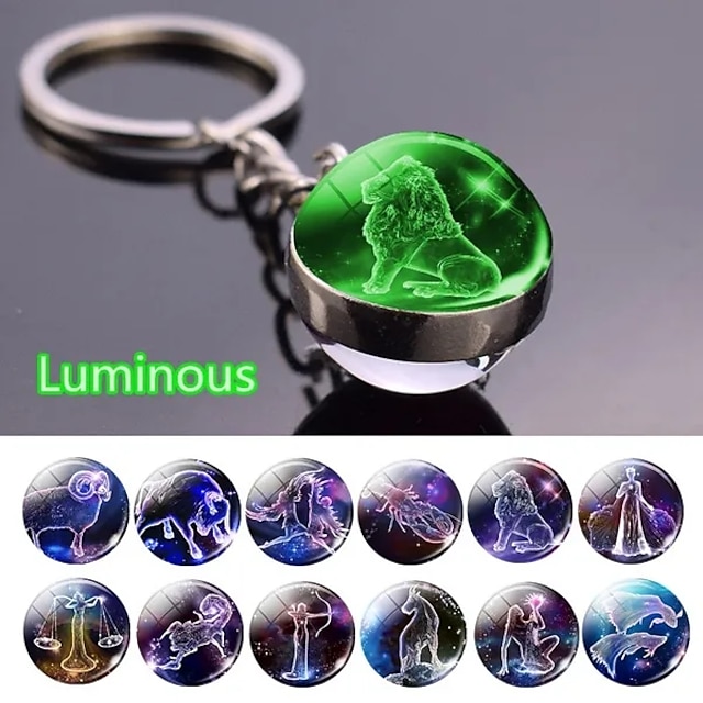  12 Constellation Luminous Keychain Glass Ball Pendant Zodiac Sign Keychain Glow In The Dark Key Chain Holder Men Women Birthday Gifts