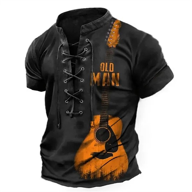  Men's T shirt Tee Stand Collar Graphic Musical Instrument Clothing Apparel 3D Print Daily Sports Lace up Print Short Sleeve Fashion Designer Vintage