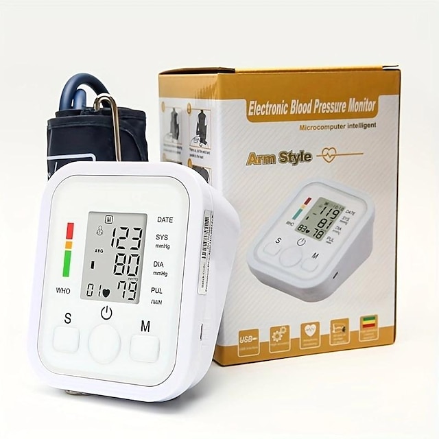  Sphygmomanometer Household Automatic Blood Pressure Measuring Instrument Arm-type Blood Pressure Meter Neutral English Blood Pressure Meter Usb Plug-in (Without Battery)