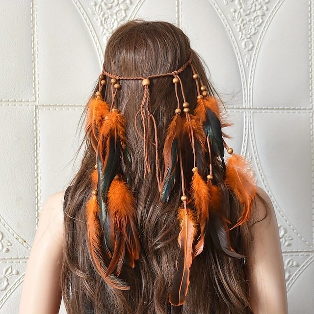  Banda para el cabello de plumas de estilo boho, banda para la cabeza de plumas de pavo real, tocado de plumas tejido a mano indio, accesorios para el cabello