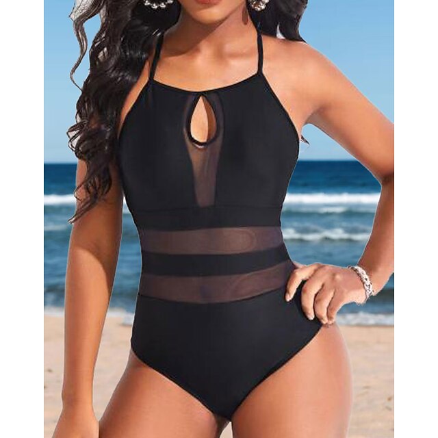 Women's Swimwear One Piece Normal Swimsuit Mesh Patchwork Plain Black