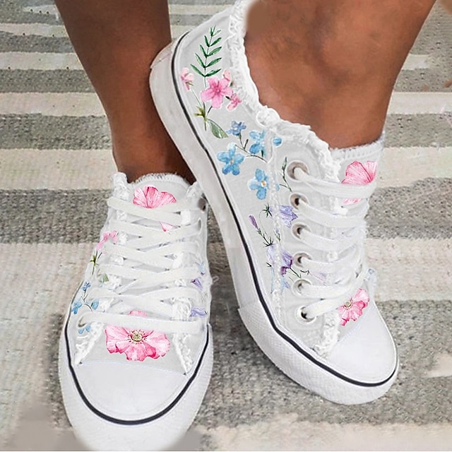  Women's Sneakers Daily Canvas Shoes Summer Round Toe Flat Heel Casual Minimalism Canvas Floral White / Blue White & Purple Black