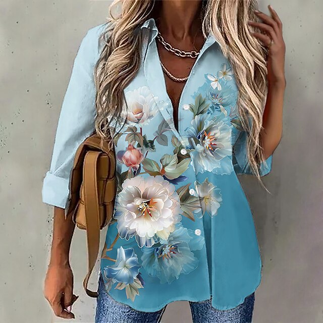  Women's Shirt Blouse Blue Button Print Floral Casual Holiday Long Sleeve Shirt Collar Basic Regular Floral S