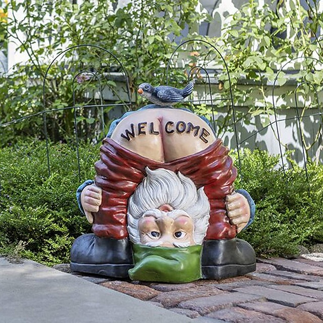  Funny Dwarf Sculpture - Gnome with A 'Welcome' Ass, Miniature Figurine Fairy Garden Accessories Dwarf Outdoor Garden Yard Art Decoration Home Cartoon Welcome Sign Resin Ornaments Spring Gifts