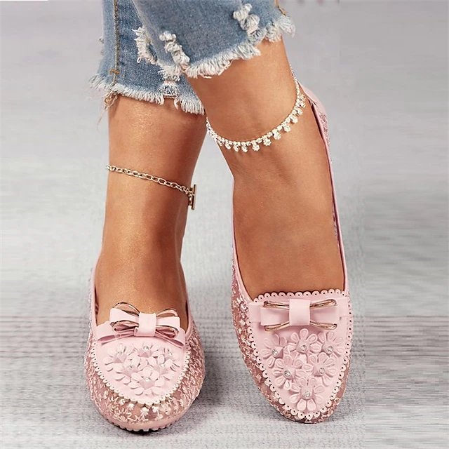 Women's Pink Lace Flats with Bow and Floral Details - Elegant and Comfortable Casual Shoes for Everyday Wear 15