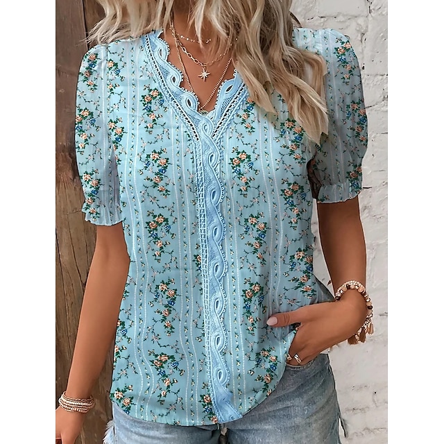  Women's Shirt Blouse Blue Purple Green Lace Trims Print Floral Casual Holiday Short Sleeve V Neck Basic Long Floral S