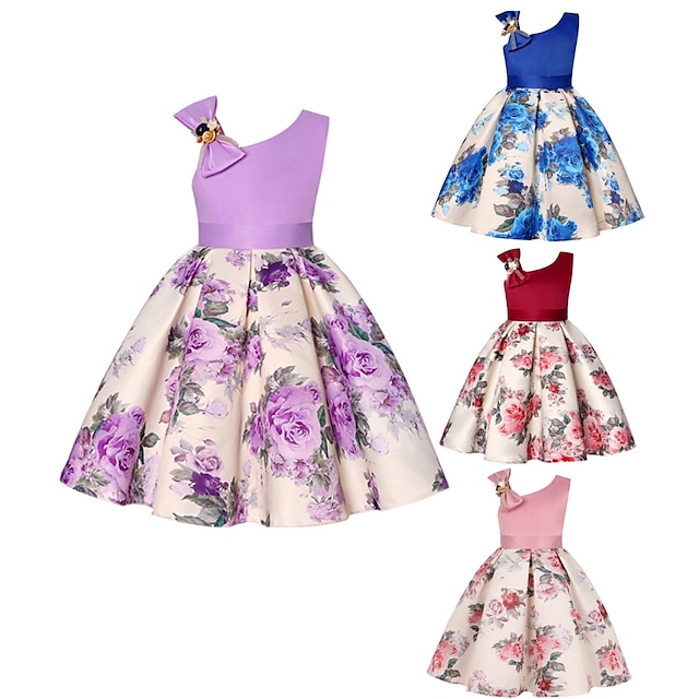  Barn Jente Festkjole Blomstret Ermeløs Ytelse jubileum Halter Knyte knute Elegant Bedårende Søt Bomull Knelang Festkjole Floral kjole Sommer Vår 3-13 år Vinrød Rosa Blå
