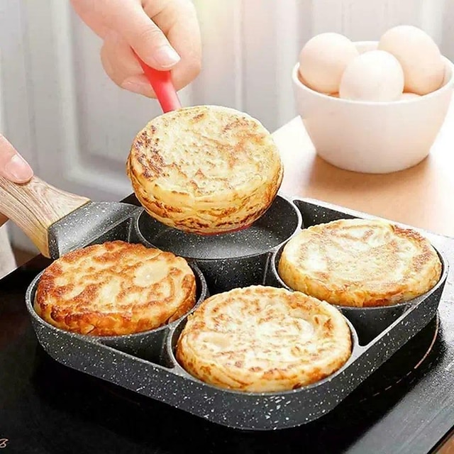  4-Hole Non-Stick Fry Pan with Wooden Handle - Perfect for Eggs, Pancakes, Burgers & More!