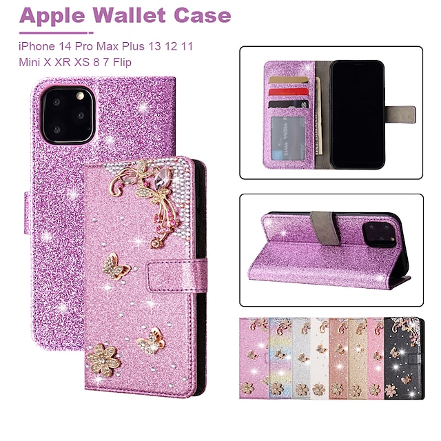  telefoon hoesje Voor iPhone 15 Pro Max Plus iPhone 14 13 12 11 Pro Max Mini X XR XS Max 8 7 Plus Wallet Card Case Flip cover met standaard Volledig lichaamsbeschermend Bling glitter glanzend TPU