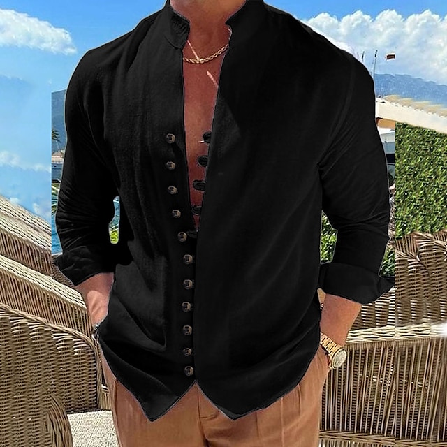  Herr Skjorta linneskjorta Sommarskjorta Casual skjorta Knapp upp skjorta Slät Semester Curise Svart Vit Rodnande Rosa Blå Långärmad Bandkrage Sommar Vår & Höst Kläder