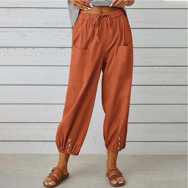  Women's Pants Trousers Faux Linen Red Brown Fashion Side Pockets Casual Daily Ankle-Length Plain Comfort S M L XL 2XL