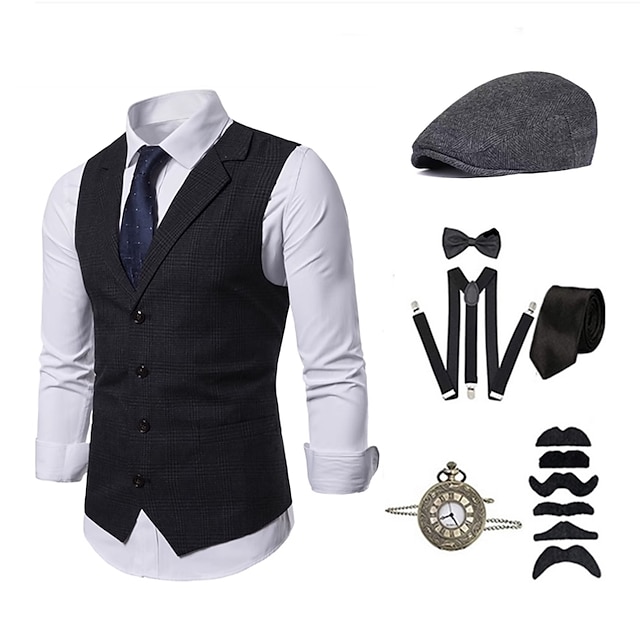  Retro Vintage 1920s Vintage Inspired Outfits Party Costume Masquerade Vest Waistcoat Cosplay The Great Gatsby Gentleman Men's Buckle Solid Color Halloween Turndown Halloween Performance Halloween