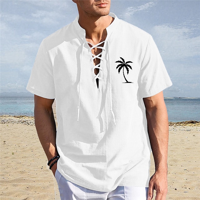  Men's Shirt Linen Shirt Henley Shirt Stand Collar Coconut Tree Graphic Prints Clothing Apparel Outdoor Street Drawstring Print Short Sleeve Linen Fashion Streetwear Designer Casual