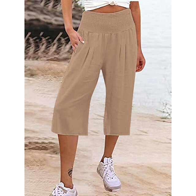  Women's Wide Leg Pants Trousers Cropped Pants Faux Linen Black White Navy Blue Fashion Basic Casual Side Pockets Baggy Street Vacation Casual Daily Calf-Length Plain Comfort S M L XL 2XL