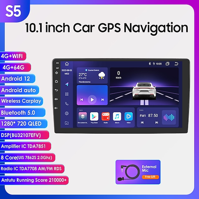  אנדרואיד 12 2 דין לרדיו אוניברסלי לרכב נגן מולטימדיה ניווט GPS לרכב יחידת ראש סטריאו 10.1 אינץ' רמקולים wifi