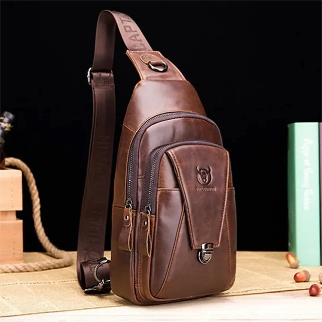 BULL CAPTAIN High Quality Men Genuine Leather Cowhide Vintage Chest Back Pack Travel fashion Cross Body Messenger Shoulder Bag 14