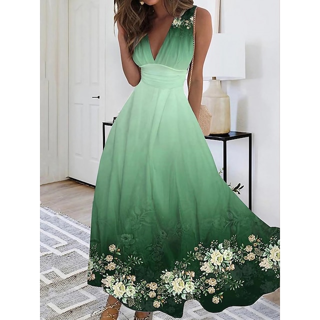  Women's Casual Dress Swing Dress A Line Dress Long Dress Maxi Dress Fashion Streetwear Floral Color Gradient Print Daily Vacation Going out V Neck Sleeveless Dress Loose Fit Green Summer Spring S M L