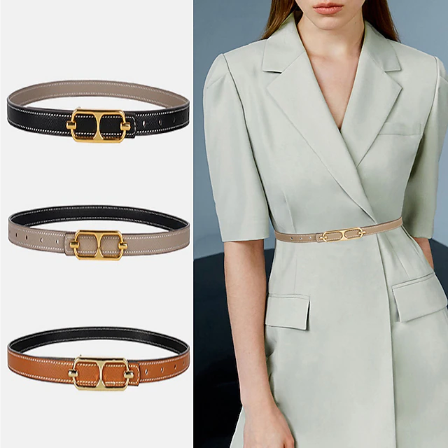 Women's Reversible Belt PU Leather Metal Bucke Eyelet Casual Formal Party Work Black Brown Gray 6