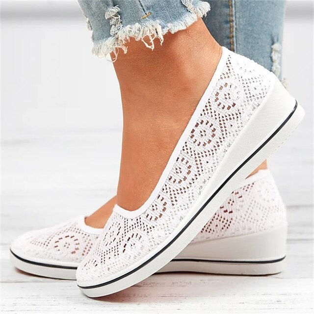 Women's White Lace Slip-On Wedge Sneakers – Breathable Casual Mesh Flats, Lightweight Summer Walking Shoes for Daily Wear 9