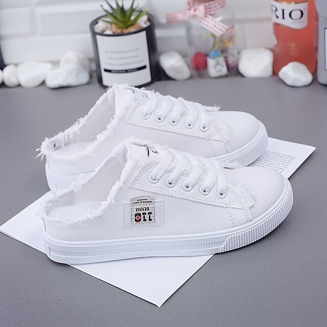 Women's White Backless Canvas Sneakers with Raw Edge Design, Slip-On Lace-Up Mules for Summer Streetwear, School, and Casual Outings 17