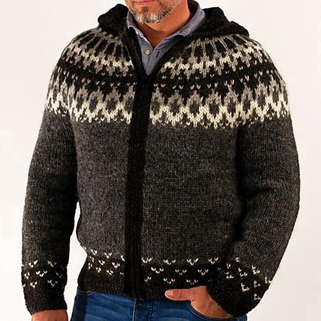 Male Cardigan Sweater Cardigan Sweater Jacket Chunky Knit Regular Fair Isle Jacquard Hooded Daily Wear Clothing Apparel Raglan Sleeves Fall & Winter Coffee M L XL3