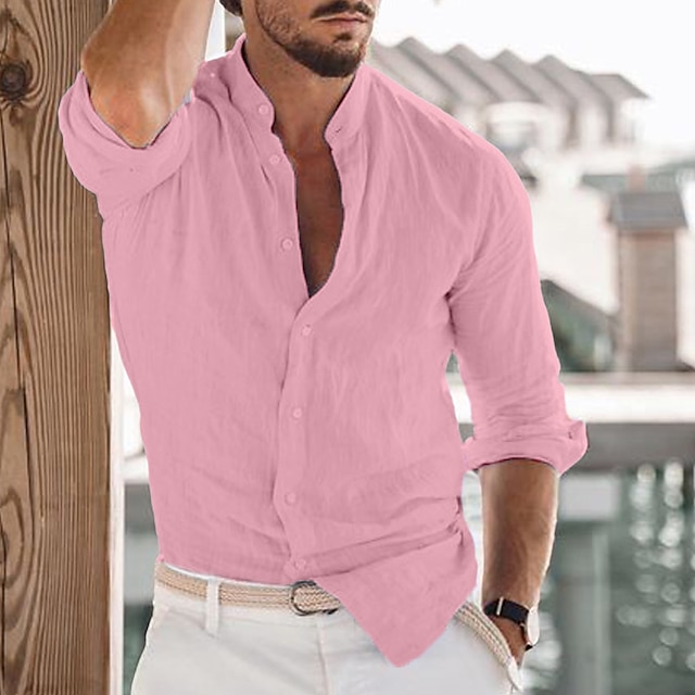  Men's Linen Shirt Button Up Shirt Summer Shirt Beach Shirt Black White Pink Plain Long Sleeve Spring & Summer Collar Outdoor Holiday Clothing Apparel