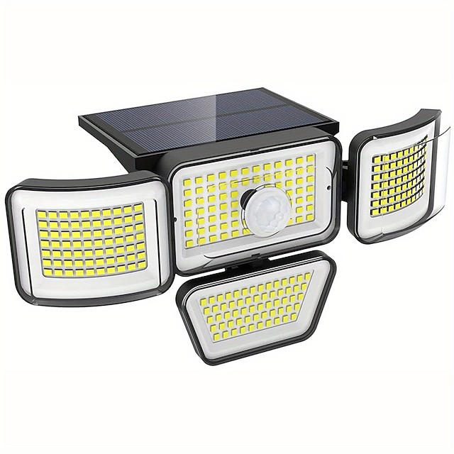  אורות הצפה סולארית תאורת חוץ 278leds 3000lm חיישן תנועה אורות אורות אנרגיה סולארית 4 ראשי הצפה פנסי אבטחה ip65 עמיד למים 300 נורות קיר זווית רחבה עם 3 מצבים למסלול בחצר הגינה