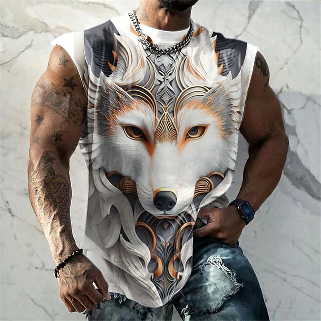 Men's Graphic Animal Wolf Vest Top Sleeveless T Shirt for Men Sleeveless Cap Sleeve T shirt 3D Print Crew Neck Shirt Fashion Designer Muscle Daily Sports Gym White Blue Brown Spring & Summer Clothing4