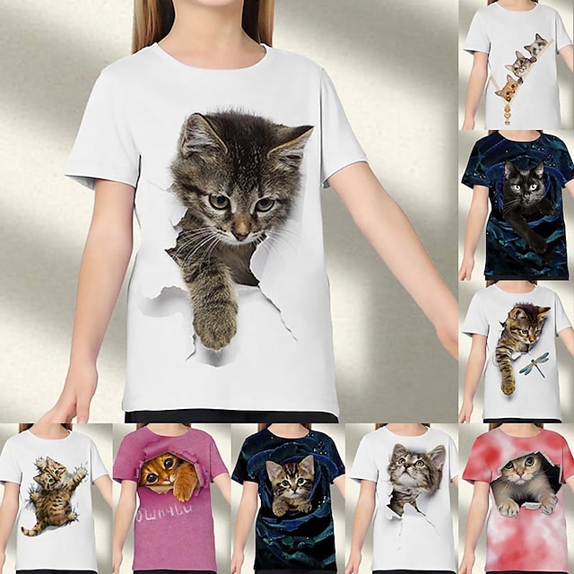  T-shirt Tee-shirts Fille Enfants Manches Courtes Chat Graphique Animal Arc-en-ciel Enfants Hauts Actif Le style mignon 3-12 ans