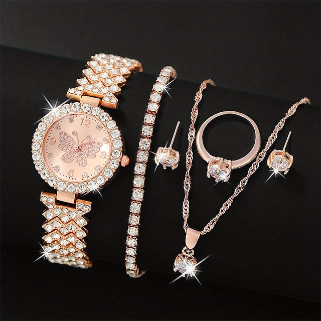  Set 5 bucăți ceas pentru femei, inel, colier, cercei, cu strasuri, ceas de mână pentru femei, ocazional pentru femei, set de brățări, ceas