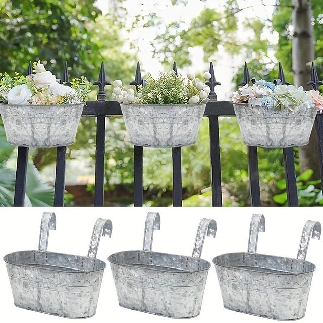 Metal Hanging Flower Pots For Railing Fence, Galvanized Steel Hanging