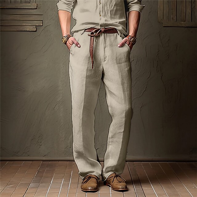 Men's Linen Pants Trousers Summer Pants Beach Pants Pocket Straight Leg Plain Comfort Breathable Casual Daily Holiday Fashion Classic Style White Khaki4