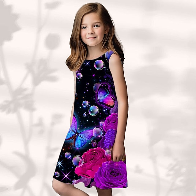  Kids Girls' Graphic Floral Butterfly Dress Outdoor Casual Sleeveless Fashion Cute Daily Above Knee Polyester Summer Spring Casual Dress A Line Dress Tank Dress 3-12 Years Yellow Blue Purple
