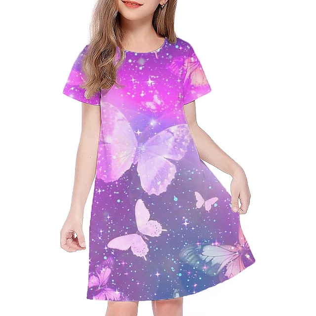  Kids Girls' Graphic Butterfly Gradient Dress Outdoor Casual Short Sleeve Fashion Cute Daily Above Knee Polyester Summer Spring Casual Dress A Line Dress Summer Dress 3-12 Years Blue Purple
