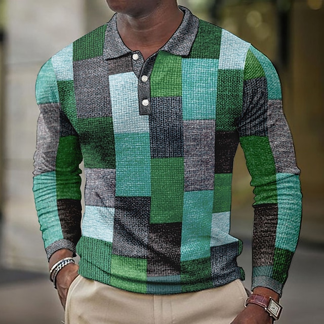  Men's Plaid Waffle Polo Shirts Golf Shirt Long Sleeve Polo Shirts Collared Shirts Vintage Casual Vacation Wear Formal Wear Festival Wear Buttons 3D Print Blue-Green Yellow Blue