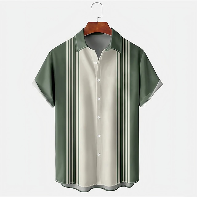  Herr Skjorta Bowlingskjorta Knapp upp skjorta Sommarskjorta Grön Kortärmad Färgblock Rand Nedvikt Tryck Dagligen Helgdag Button-Down Kläder Vintage Hawaiisk Femtiotal Färgblock