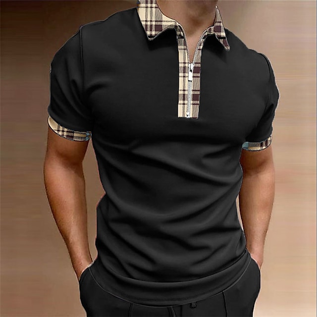  Men's Zip Polo Lapel Polo Polo Shirt Golf Shirt Turndown Plaid / Check Graphic Prints Apricot Black White Navy Blue Blue Outdoor Street Zipper Print Short Sleeves Clothing Apparel Fashion Designer