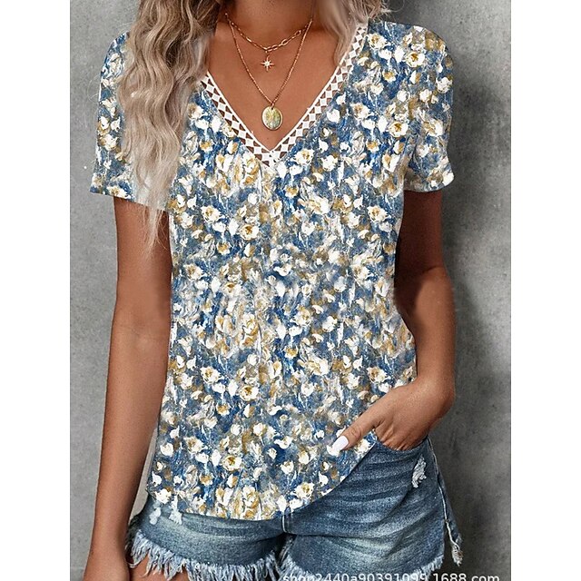  Women's T shirt Tee Blue Lace Trims Print Floral Casual Holiday Short Sleeve V Neck Basic Regular Floral S