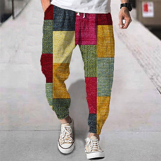 Men's Joggers Trousers Summer Pants Beach Pants Drawstring Elastic Waist 3D Print Color Block Graphic Prints Geometry Comfort Breathable Sports Outdoor Casual Daily Streetwear Designer Yellow Green4